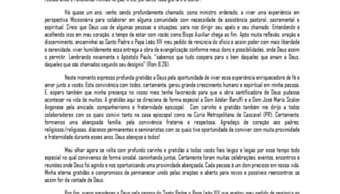 Dom Aparecido anuncia transição pastoral e dedica-se a nova missão missionária