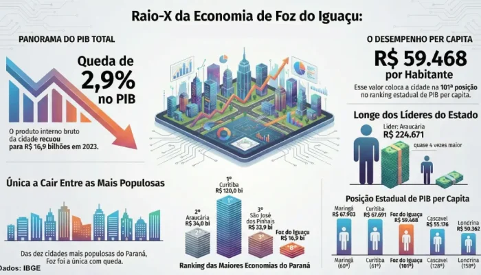 Foz do Iguaçu registra queda de 2,9% no PIB e recua 30 posições no ranking nacional
