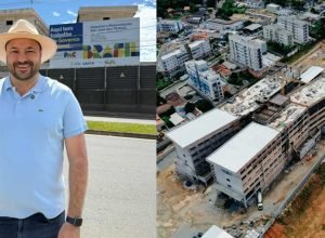 Deputado Federal Geraldo Mendes em frente à obra do novo Hospital e Maternidade de São José dos Pinhais (Colagem: Ascom/GM)